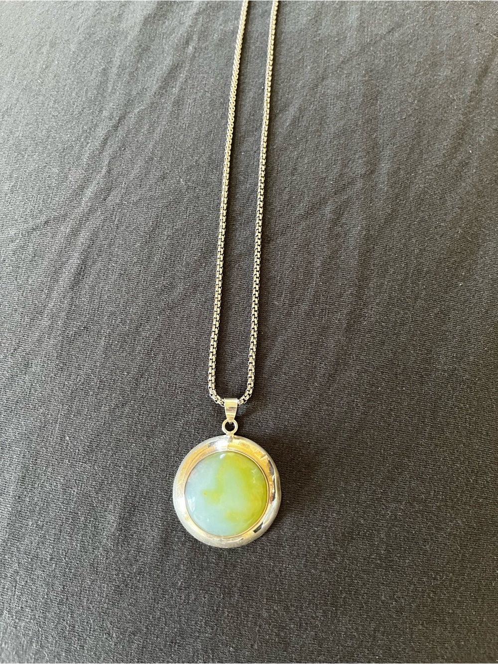 Antique light green jade pendant on 18” silver box chain